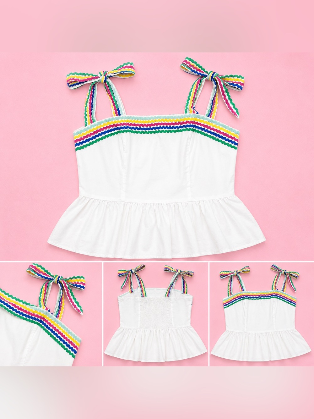women’s White Peplum Tank Top with Rainbow Rickrack and Tie Straps